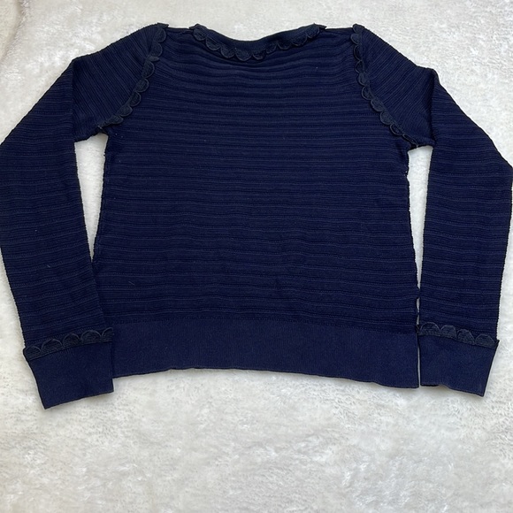 Ann Taylor Scalloped Trim Silk Blend Navy Sweater Size Medium - Picture 10 of 11